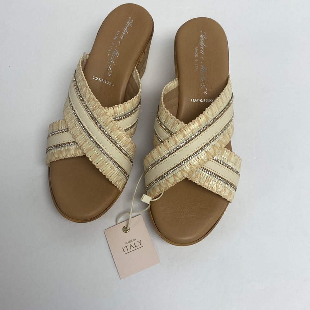 ANDREA & MICHELE Pink Made In Italy Raffia And Bling Wedge Sandals 7.5